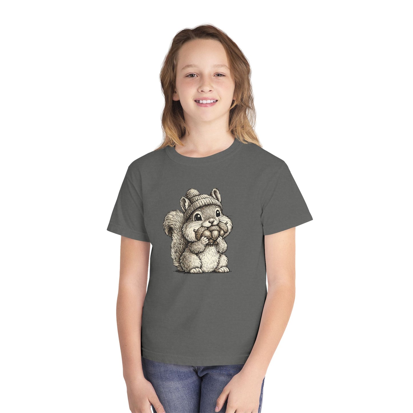 Youth Tee — Cute Vintage Sketch Squirrel Graphic