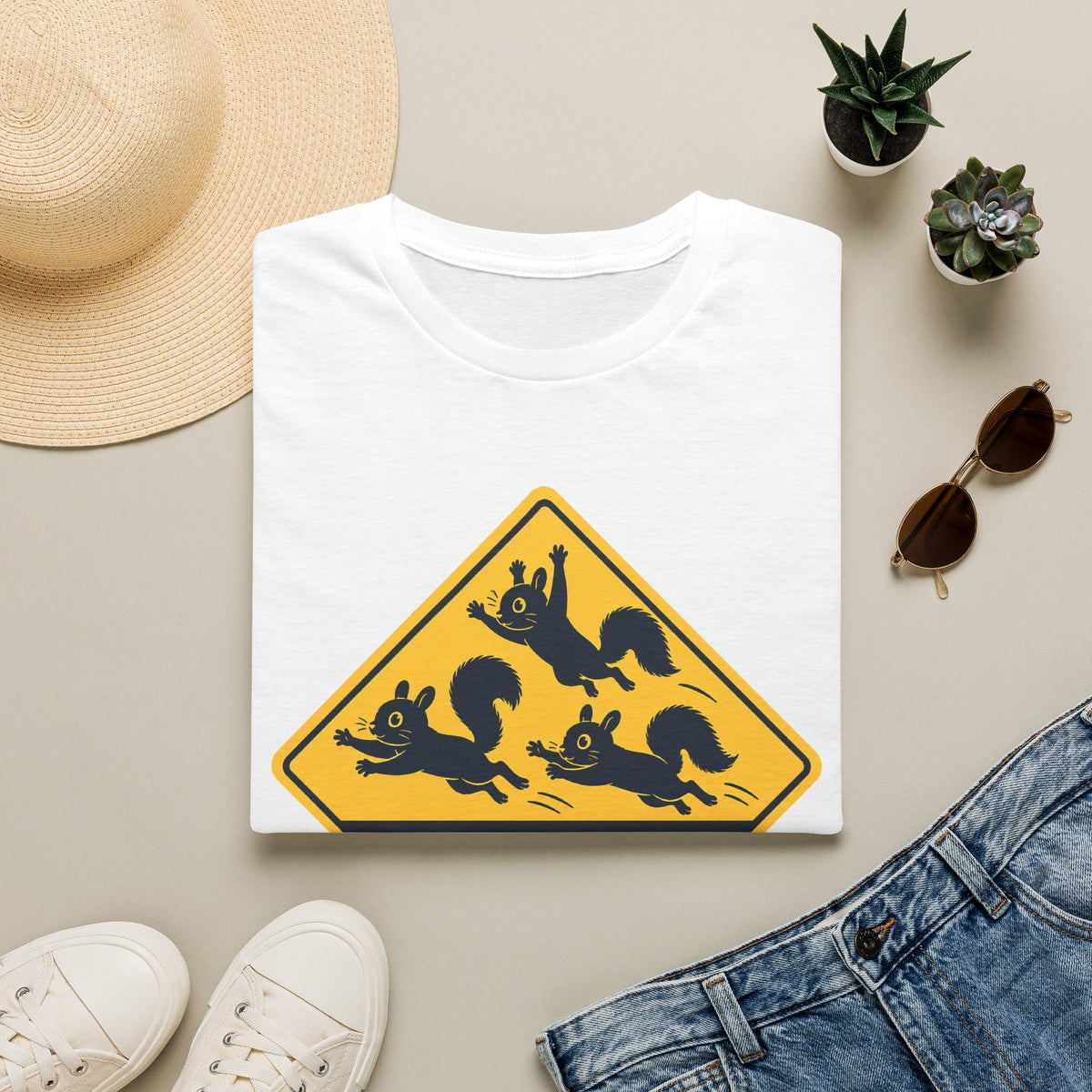 T-Shirt — Cute Squirrel Crossing Sign Tee (Japanese Text)
